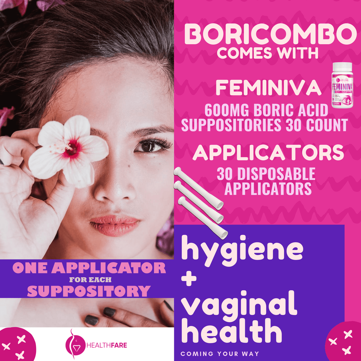 BoriCombo - Feminiva Boric Acid Suppositories 600MG - 30 Count with 30 Vaginal Applicators - HealthFare