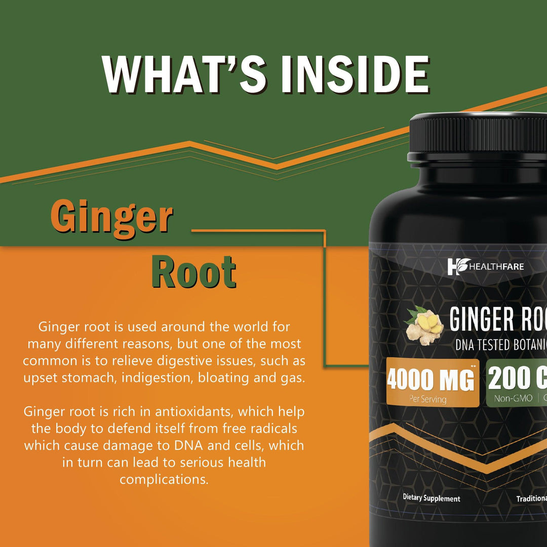 Ginger Root Capsules 4000mg - 200 Pills - HealthFare