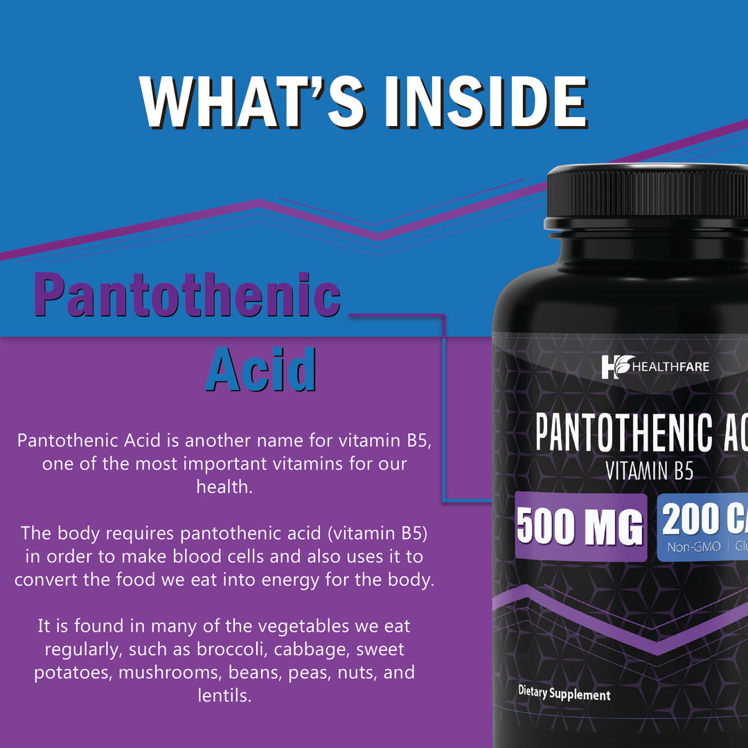 Pantothenic Acid Vitamin B-5 500mg - 200 Capsules - HealthFare