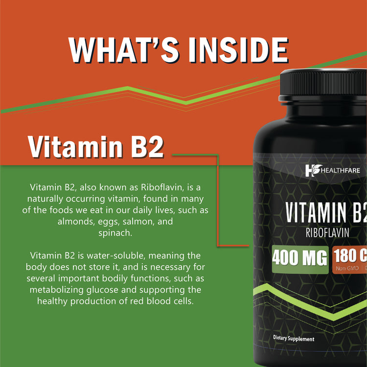 Riboflavin Vitamin B2 400mg - 180 Capsules - HealthFare